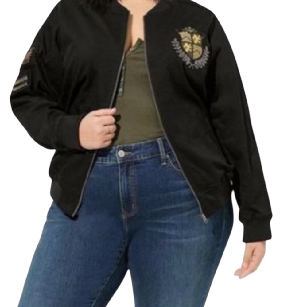 NWT Torrid Black Beaded Military Patch Twill Stretch Zip Up Bomber Jacket Sz 2X